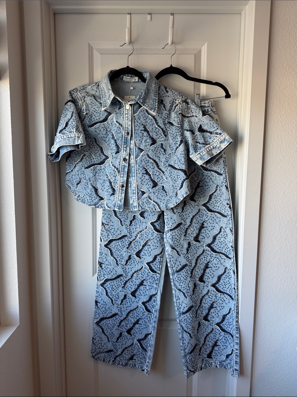 Light Blue Printed Straight-Leg Denim set of shirt and Pants - Women's